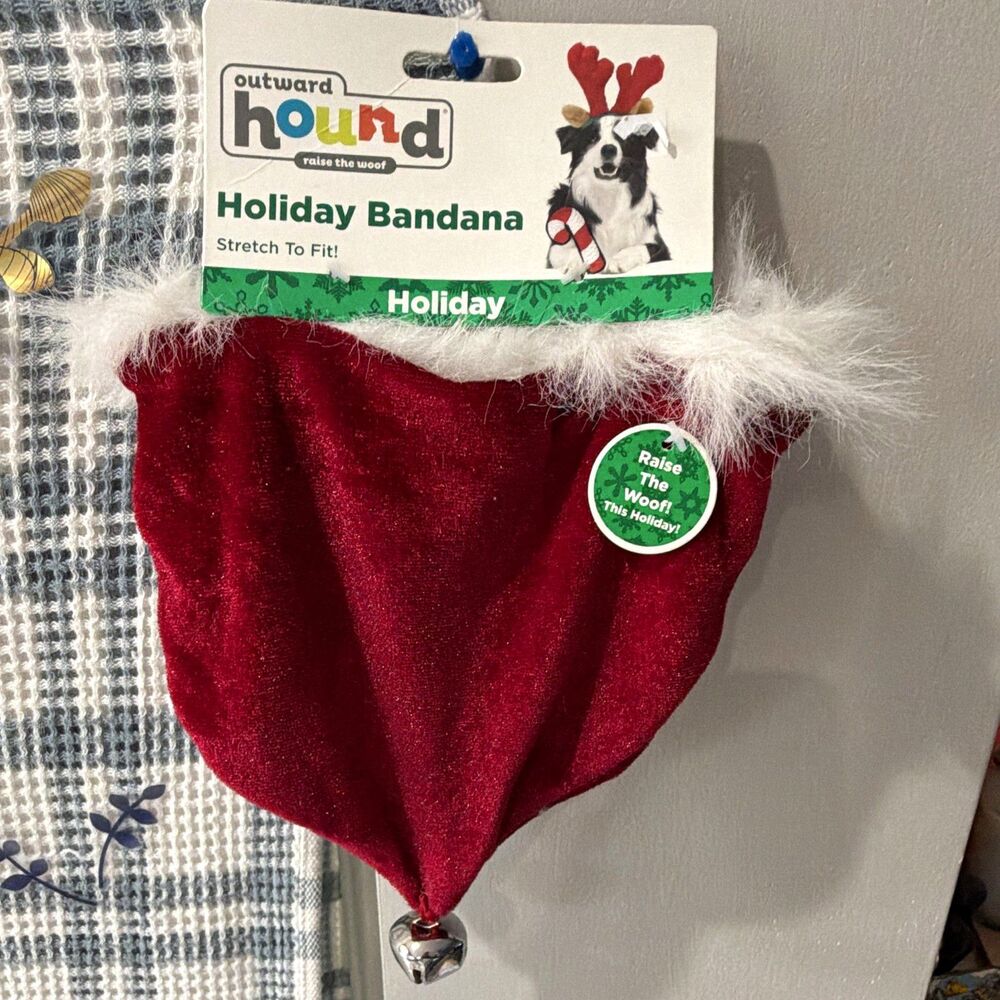 Outward Hound Holiday Bandana Dog Scarf M Red White Faux Fur Trim Bell Stretch